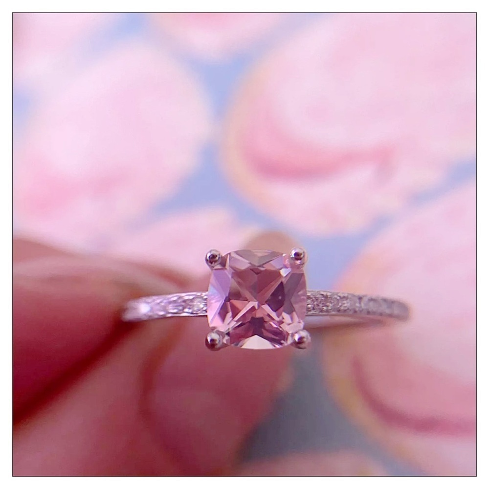 NEW Sterling Silver Cushion Morganite And Pave White Topaz Ring - Picture 4 of 5